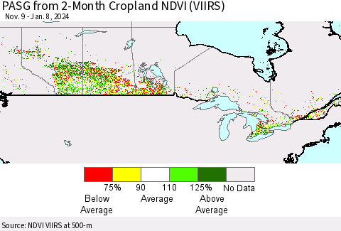 Canada PASG from 2-Month Cropland NDVI (VIIRS) Thematic Map For 1/1/2024 - 1/8/2024