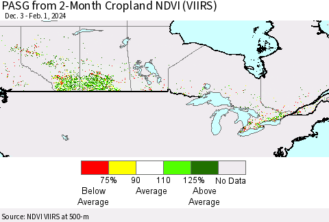 Canada PASG from 2-Month Cropland NDVI (VIIRS) Thematic Map For 1/25/2024 - 2/1/2024