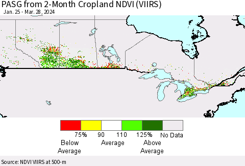 Canada PASG from 2-Month Cropland NDVI (VIIRS) Thematic Map For 3/21/2024 - 3/28/2024