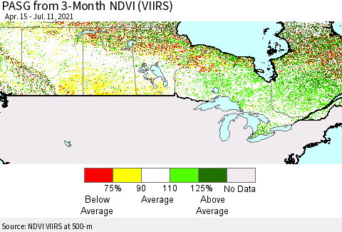 Canada PASG from 3-Month NDVI (VIIRS) Thematic Map For 7/4/2021 - 7/11/2021