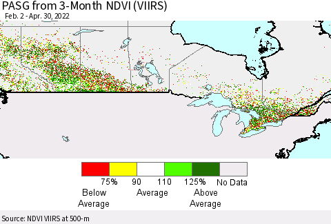 Canada PASG from 3-Month NDVI (VIIRS) Thematic Map For 4/23/2022 - 4/30/2022