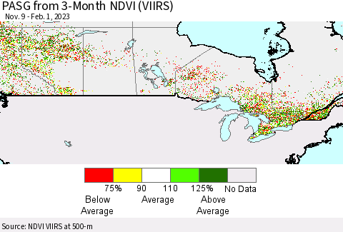 Canada PASG from 3-Month NDVI (VIIRS) Thematic Map For 1/25/2023 - 2/1/2023
