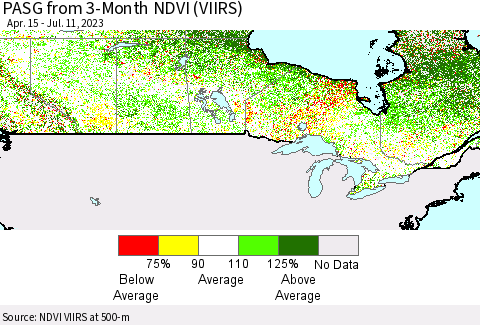 Canada PASG from 3-Month NDVI (VIIRS) Thematic Map For 7/4/2023 - 7/11/2023