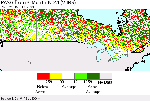 Canada PASG from 3-Month NDVI (VIIRS) Thematic Map For 12/11/2023 - 12/18/2023