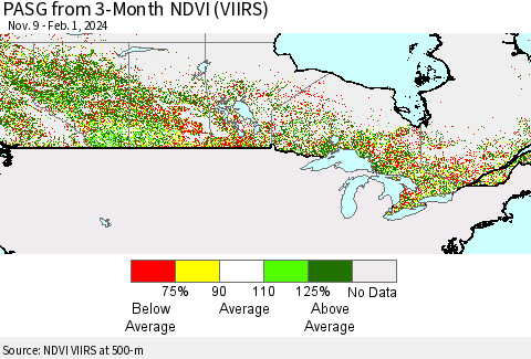 Canada PASG from 3-Month NDVI (VIIRS) Thematic Map For 1/25/2024 - 2/1/2024