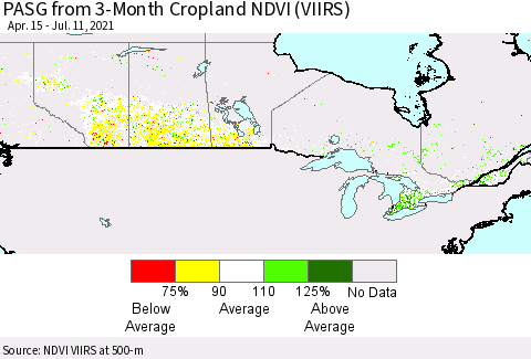 Canada PASG from 3-Month Cropland NDVI (VIIRS) Thematic Map For 7/4/2021 - 7/11/2021