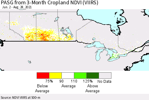 Canada PASG from 3-Month Cropland NDVI (VIIRS) Thematic Map For 8/21/2021 - 8/28/2021