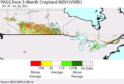 Canada PASG from 3-Month Cropland NDVI (VIIRS) Thematic Map For 1/9/2022 - 1/16/2022