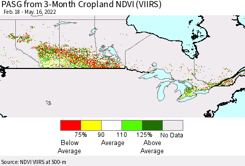 Canada PASG from 3-Month Cropland NDVI (VIIRS) Thematic Map For 5/9/2022 - 5/16/2022