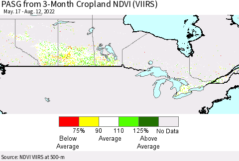 Canada PASG from 3-Month Cropland NDVI (VIIRS) Thematic Map For 8/5/2022 - 8/12/2022