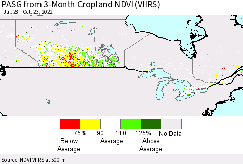 Canada PASG from 3-Month Cropland NDVI (VIIRS) Thematic Map For 10/16/2022 - 10/23/2022