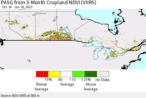 Canada PASG from 3-Month Cropland NDVI (VIIRS) Thematic Map For 1/9/2023 - 1/16/2023