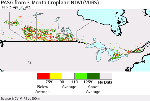 Canada PASG from 3-Month Cropland NDVI (VIIRS) Thematic Map For 4/23/2023 - 4/30/2023