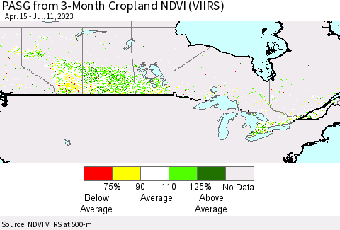 Canada PASG from 3-Month Cropland NDVI (VIIRS) Thematic Map For 7/4/2023 - 7/11/2023
