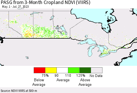 Canada PASG from 3-Month Cropland NDVI (VIIRS) Thematic Map For 7/20/2023 - 7/27/2023
