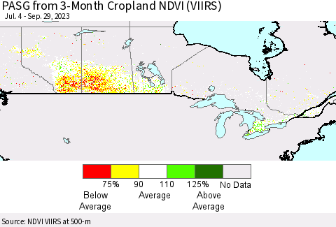 Canada PASG from 3-Month Cropland NDVI (VIIRS) Thematic Map For 9/22/2023 - 9/29/2023