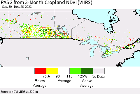 Canada PASG from 3-Month Cropland NDVI (VIIRS) Thematic Map For 12/19/2023 - 12/26/2023