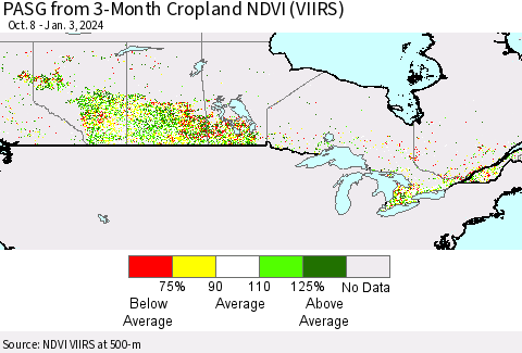 Canada PASG from 3-Month Cropland NDVI (VIIRS) Thematic Map For 12/27/2023 - 1/3/2024
