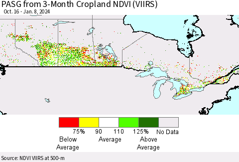 Canada PASG from 3-Month Cropland NDVI (VIIRS) Thematic Map For 1/1/2024 - 1/8/2024