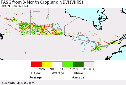 Canada PASG from 3-Month Cropland NDVI (VIIRS) Thematic Map For 1/9/2024 - 1/16/2024