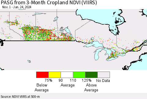 Canada PASG from 3-Month Cropland NDVI (VIIRS) Thematic Map For 1/17/2024 - 1/24/2024