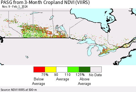Canada PASG from 3-Month Cropland NDVI (VIIRS) Thematic Map For 1/25/2024 - 2/1/2024