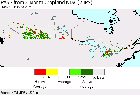Canada PASG from 3-Month Cropland NDVI (VIIRS) Thematic Map For 3/13/2024 - 3/20/2024