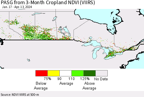 Canada PASG from 3-Month Cropland NDVI (VIIRS) Thematic Map For 4/6/2024 - 4/13/2024
