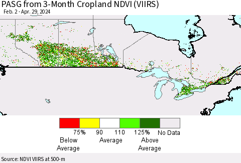 Canada PASG from 3-Month Cropland NDVI (VIIRS) Thematic Map For 4/22/2024 - 4/29/2024