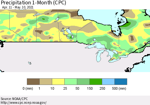 Canada Precipitation 1-Month (CPC) Thematic Map For 4/11/2021 - 5/10/2021