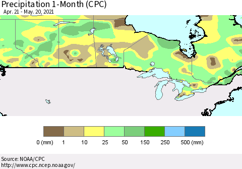 Canada Precipitation 1-Month (CPC) Thematic Map For 4/21/2021 - 5/20/2021