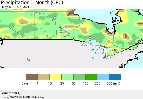 Canada Precipitation 1-Month (CPC) Thematic Map For 5/6/2021 - 6/5/2021