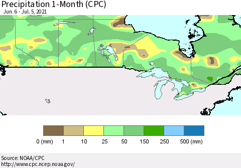 Canada Precipitation 1-Month (CPC) Thematic Map For 6/6/2021 - 7/5/2021