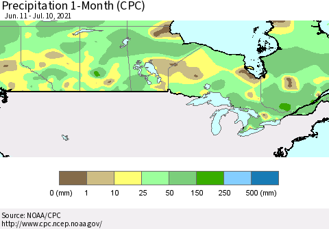 Canada Precipitation 1-Month (CPC) Thematic Map For 6/11/2021 - 7/10/2021