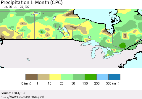 Canada Precipitation 1-Month (CPC) Thematic Map For 6/26/2021 - 7/25/2021
