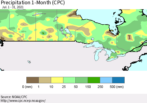 Canada Precipitation 1-Month (CPC) Thematic Map For 7/1/2021 - 7/31/2021