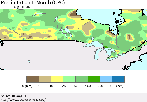 Canada Precipitation 1-Month (CPC) Thematic Map For 7/11/2021 - 8/10/2021