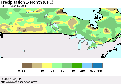 Canada Precipitation 1-Month (CPC) Thematic Map For 7/16/2021 - 8/15/2021