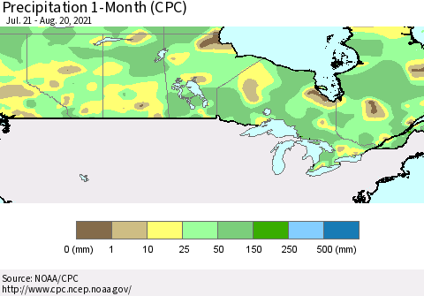 Canada Precipitation 1-Month (CPC) Thematic Map For 7/21/2021 - 8/20/2021