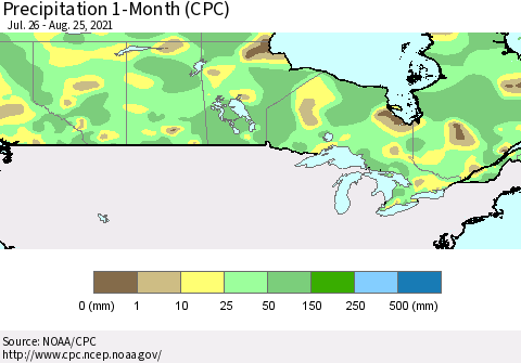 Canada Precipitation 1-Month (CPC) Thematic Map For 7/26/2021 - 8/25/2021
