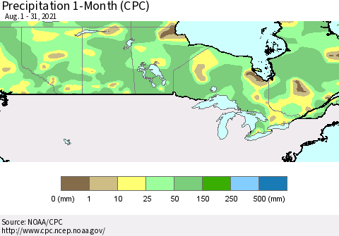 Canada Precipitation 1-Month (CPC) Thematic Map For 8/1/2021 - 8/31/2021