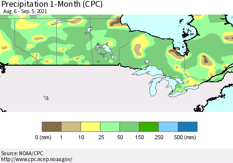 Canada Precipitation 1-Month (CPC) Thematic Map For 8/6/2021 - 9/5/2021