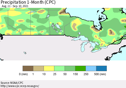 Canada Precipitation 1-Month (CPC) Thematic Map For 8/11/2021 - 9/10/2021