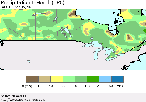Canada Precipitation 1-Month (CPC) Thematic Map For 8/16/2021 - 9/15/2021