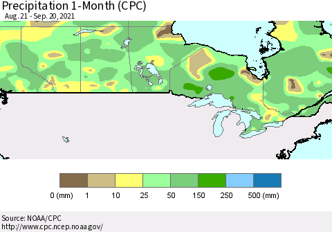 Canada Precipitation 1-Month (CPC) Thematic Map For 8/21/2021 - 9/20/2021