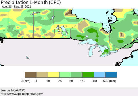 Canada Precipitation 1-Month (CPC) Thematic Map For 8/26/2021 - 9/25/2021