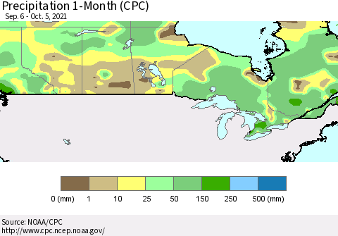 Canada Precipitation 1-Month (CPC) Thematic Map For 9/6/2021 - 10/5/2021