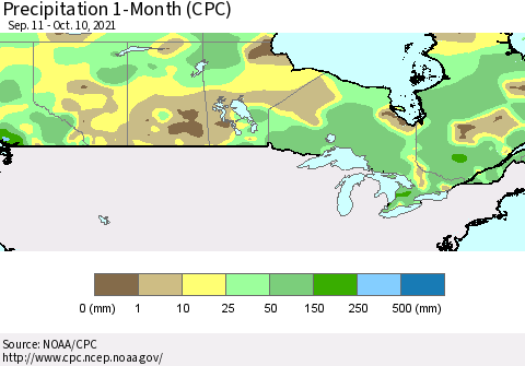 Canada Precipitation 1-Month (CPC) Thematic Map For 9/11/2021 - 10/10/2021