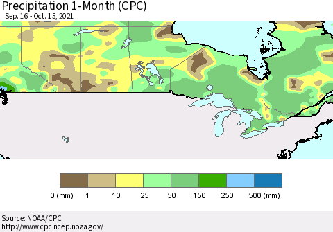 Canada Precipitation 1-Month (CPC) Thematic Map For 9/16/2021 - 10/15/2021
