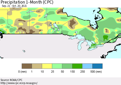 Canada Precipitation 1-Month (CPC) Thematic Map For 9/21/2021 - 10/20/2021
